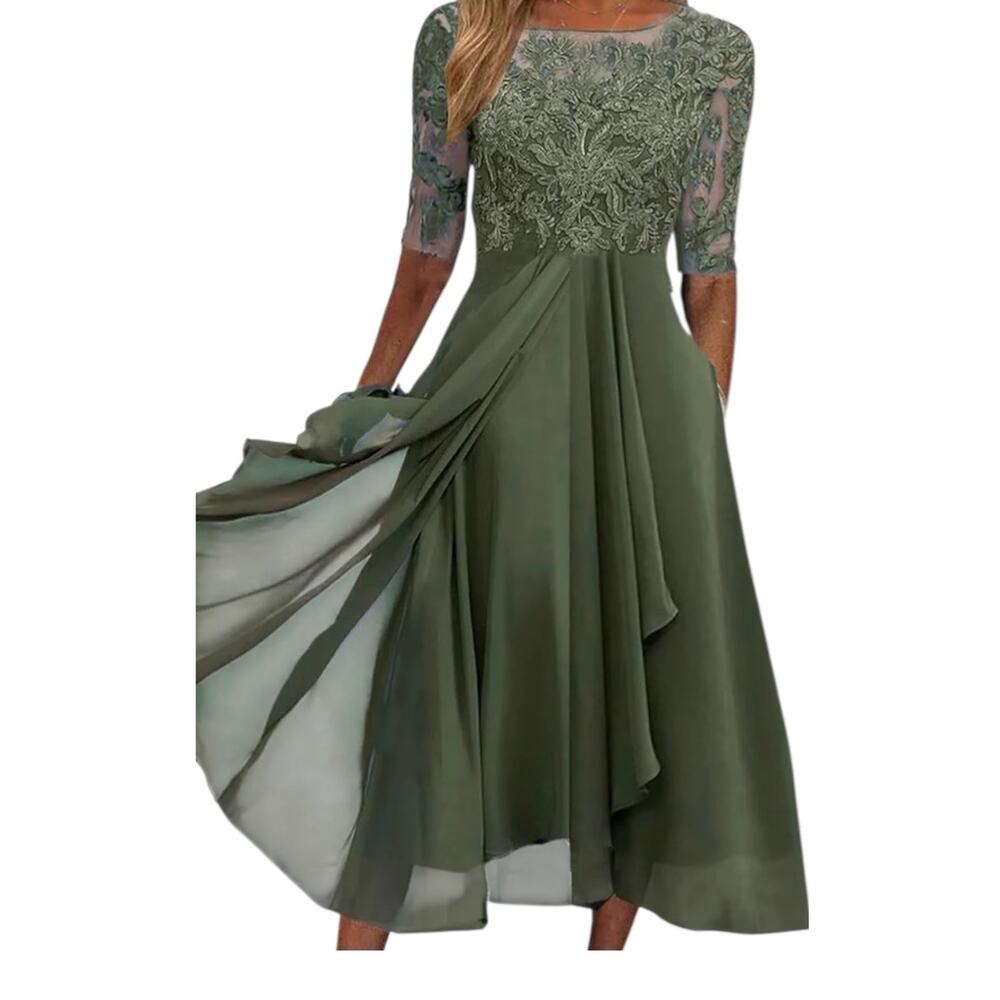 Sage Green Lace /Chiffon Dress with Half Sleeves
